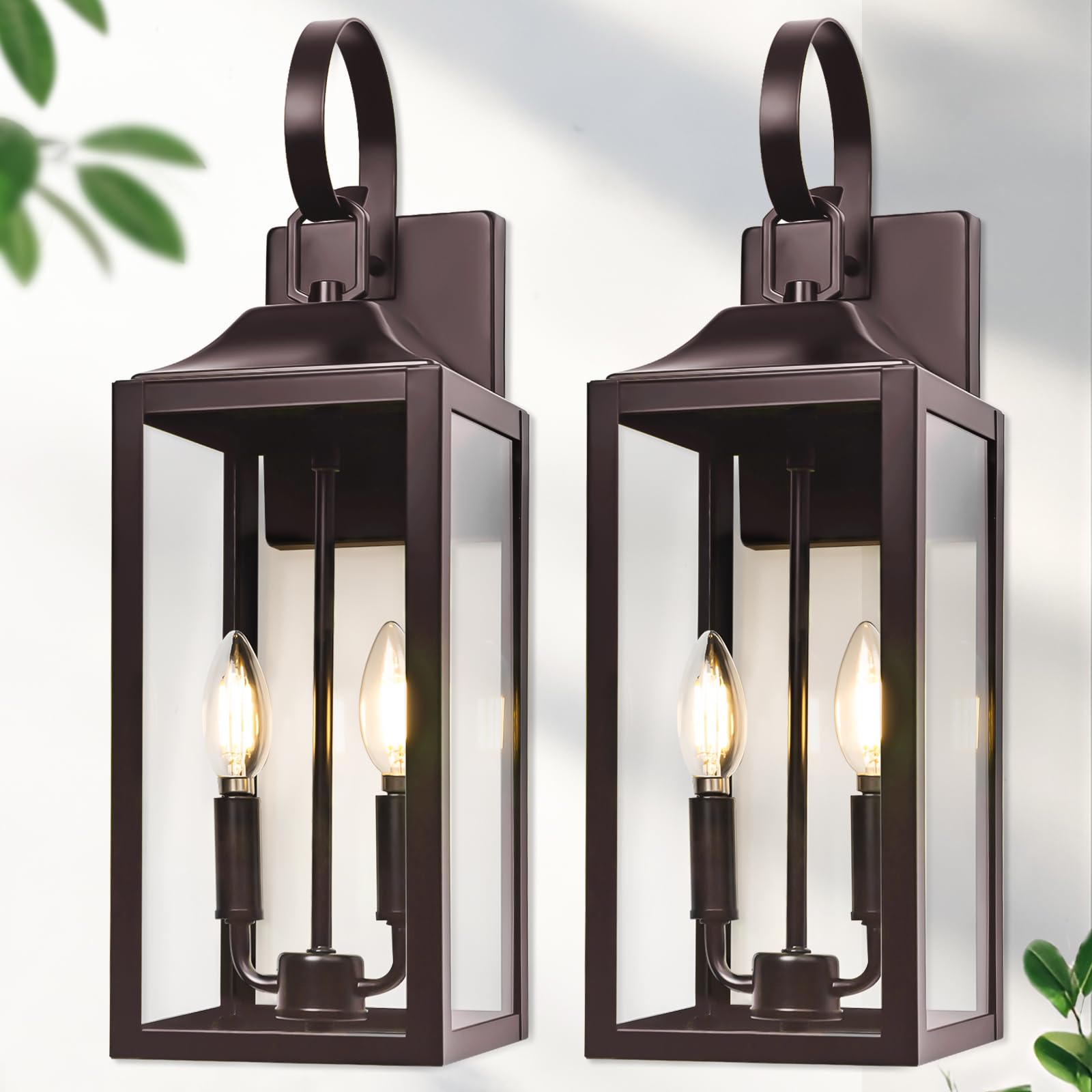 Photo 1 of 19" Oil Rubbed Bronze Outdoor Wall Lantern 2-Light, Large Outside Modern Sconce Light Fixture, Brown Porch Light Wall Mount with Glass, Waterproof Farmhouse Exterior Lamp Lighting, 2 Pack