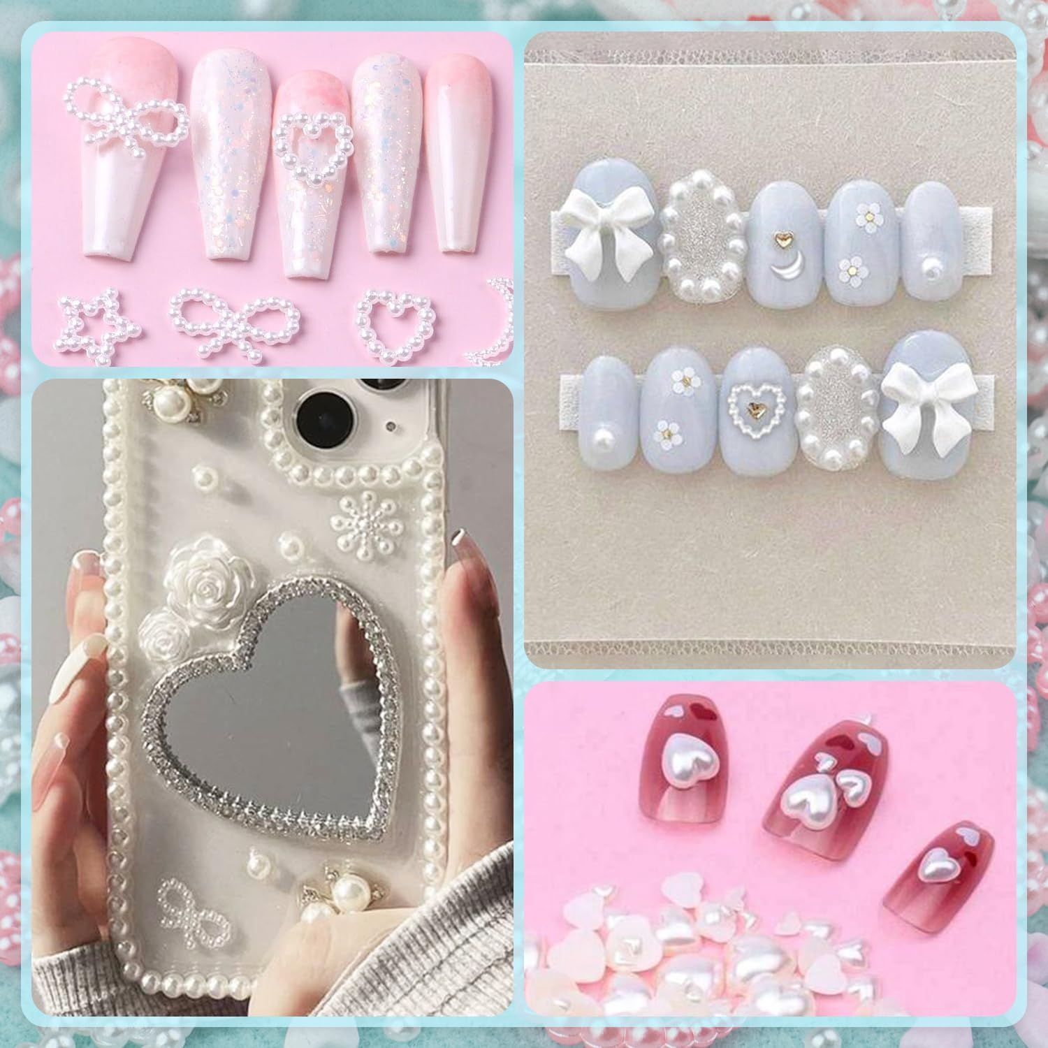 600Pcs 3D Multi Shapes Nail Charms and Flatback Pearls, White Mix Styles Heart Star Bow Sunflower Embellishments for Nail Art, Craft and Decoration with Glue Gel, Tweezer and Pickup Pencil - Image 6