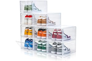 CKHXR Upgraded X-Large 9 Pack Clear Shoe Storage Organizer,Stackable Shoe Rack for Closet,Plastic Shoe Boxes with Magnetic Door,Shoe Containers For Sneaker Display,Fit up to US Size13 (Clear, 9 Pack)