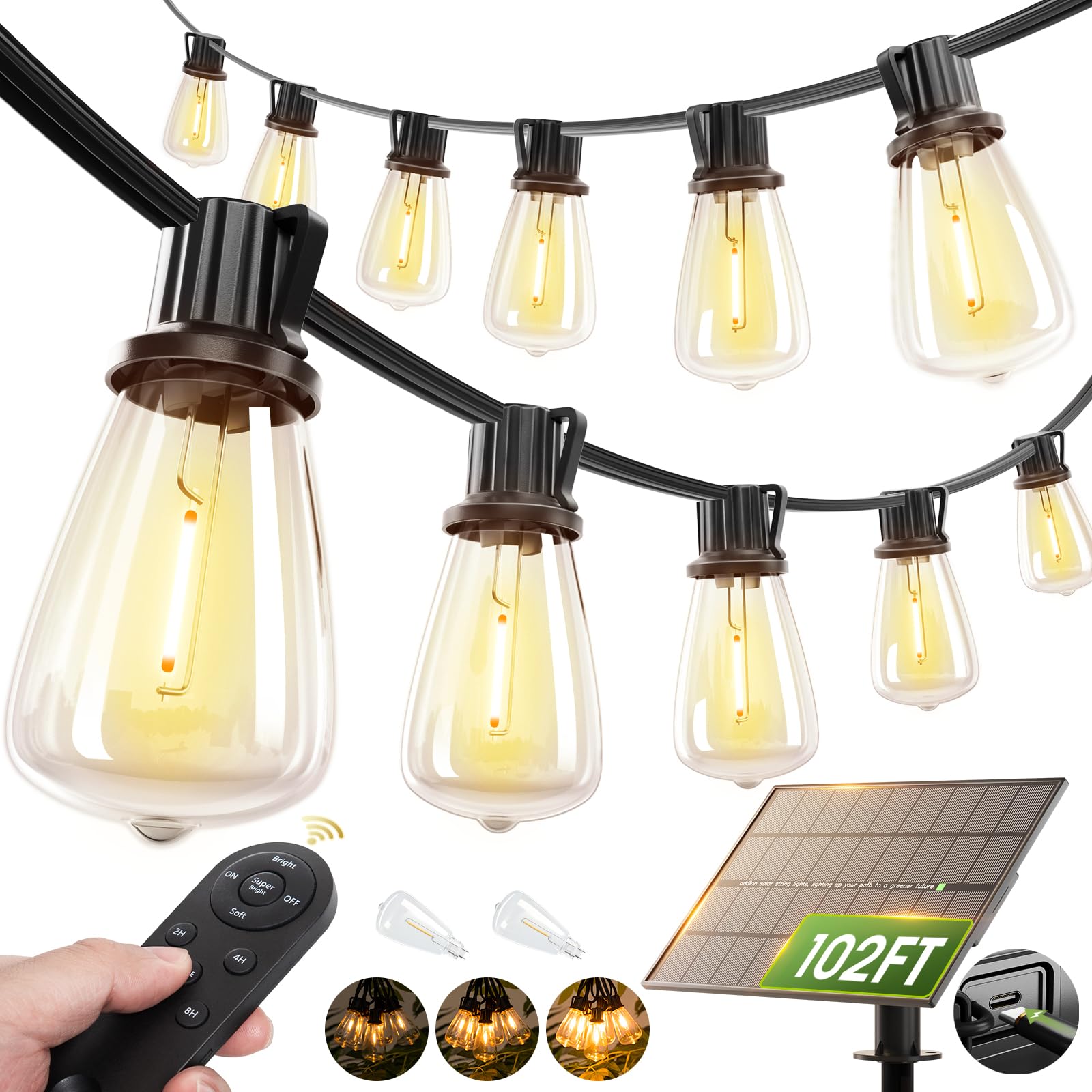 addlon 102FT(96+6) Solar String Lights Outdoor Waterproof with Remote, 30+2 LED Shatterproof Bulbs, Dimmable & Timable, Solar Lights Outdoor, Patio Lights for Garden, Backyard, Party, Camping Decor Image