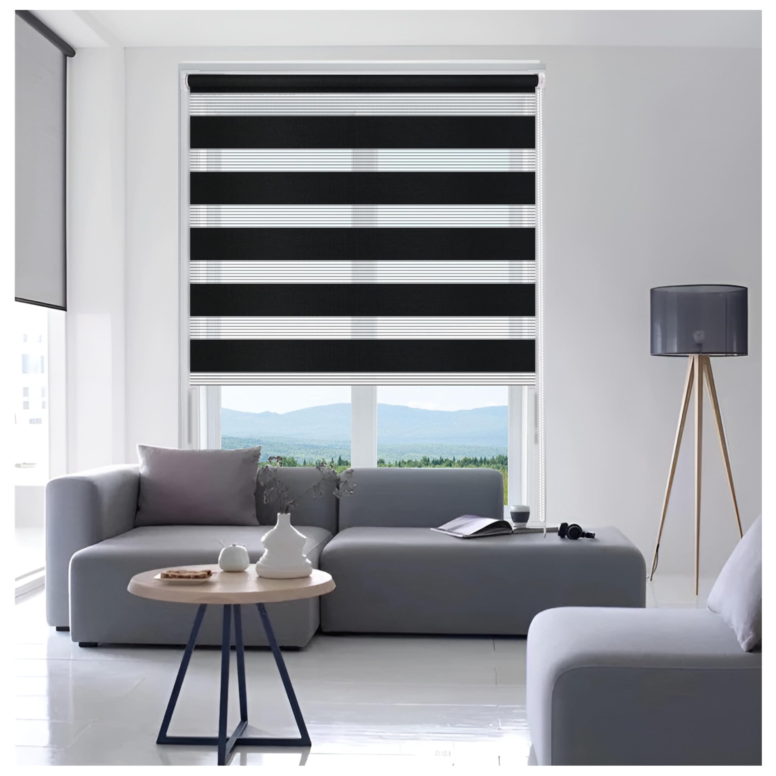 Ruby Deals Zebra Blinds Day & Night Roller Blind – Dual Layer Fabric Window Blinds, Light Filtering, No Drill or Drill Fit Blinds Curtains for Windows and Doors, (Black W49 x H165 cm)