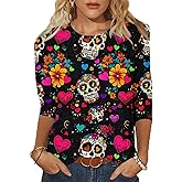 Día De Los Muertos Shirts for Women 2025 Mexican Day of Dead T-Shirts Skull Skeleton Print 3/4 Sleeve Tops Sweatshirt
