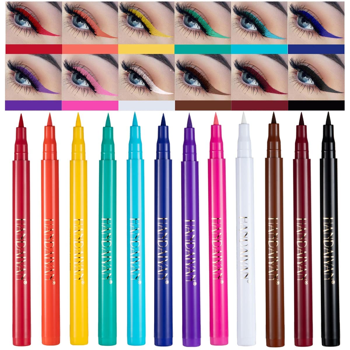 12 Colours Liquid Eyeliner Set Rainbow Colourful Neon Eyeliner Pencil White Black Blue Waterproof Smudge-proof Long Lasting Eye Liner Makeup Gift Kit for Women