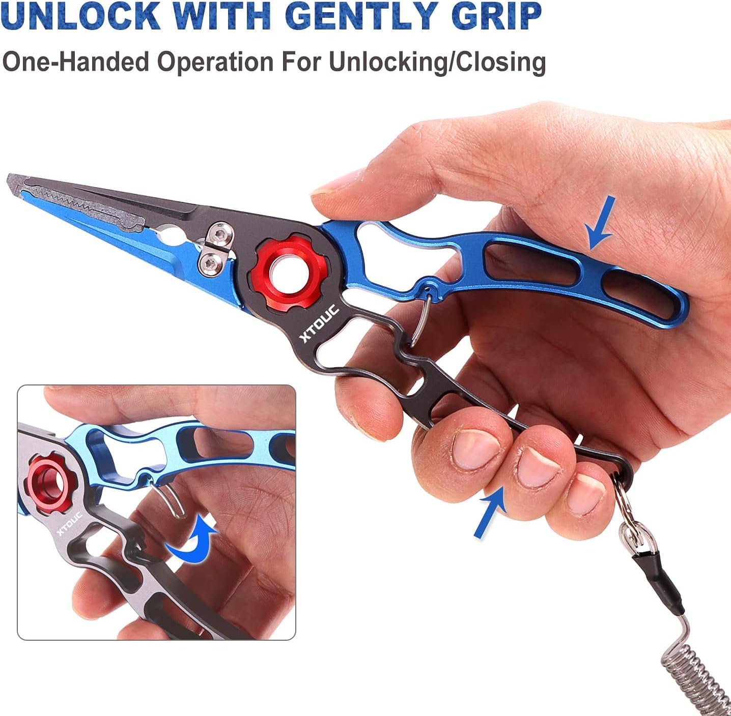XTOUC Fishing Pliers, Titanium Alloy Clamp Head Fishing Gear, Saltwater Resistant Fishing Tools, Hook Remover Braid Line Cutting and Split Ring Pliers, with Sheath and Lanyard (Blue&Gray) : Sports & Outdoors