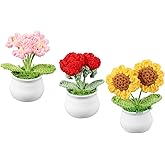 PATIKIL Crochet Flowers, 3 Pcs Knitting Crochet Flowers Rose Sunflower Daisy Potted Plants Handmade Flowers Birthday Wedding Car Gift Home Decor, Red/Yellow/Pink