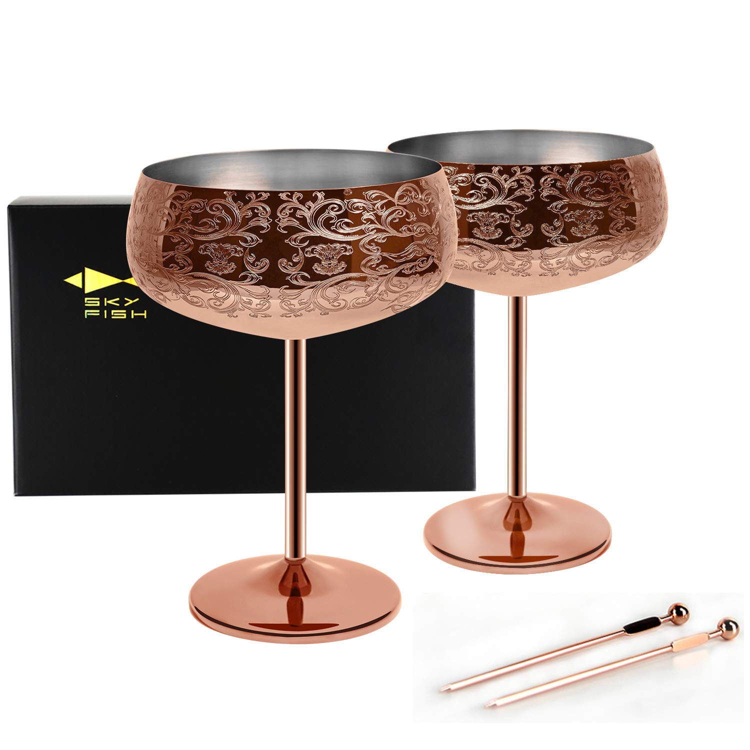 SKY FISH Martini Cocktail Glasses, Stainless Steel Coupe Glass with 2 Picks, Vintage Champagne Glasses Set of 2, 400ml (Rose Gold)