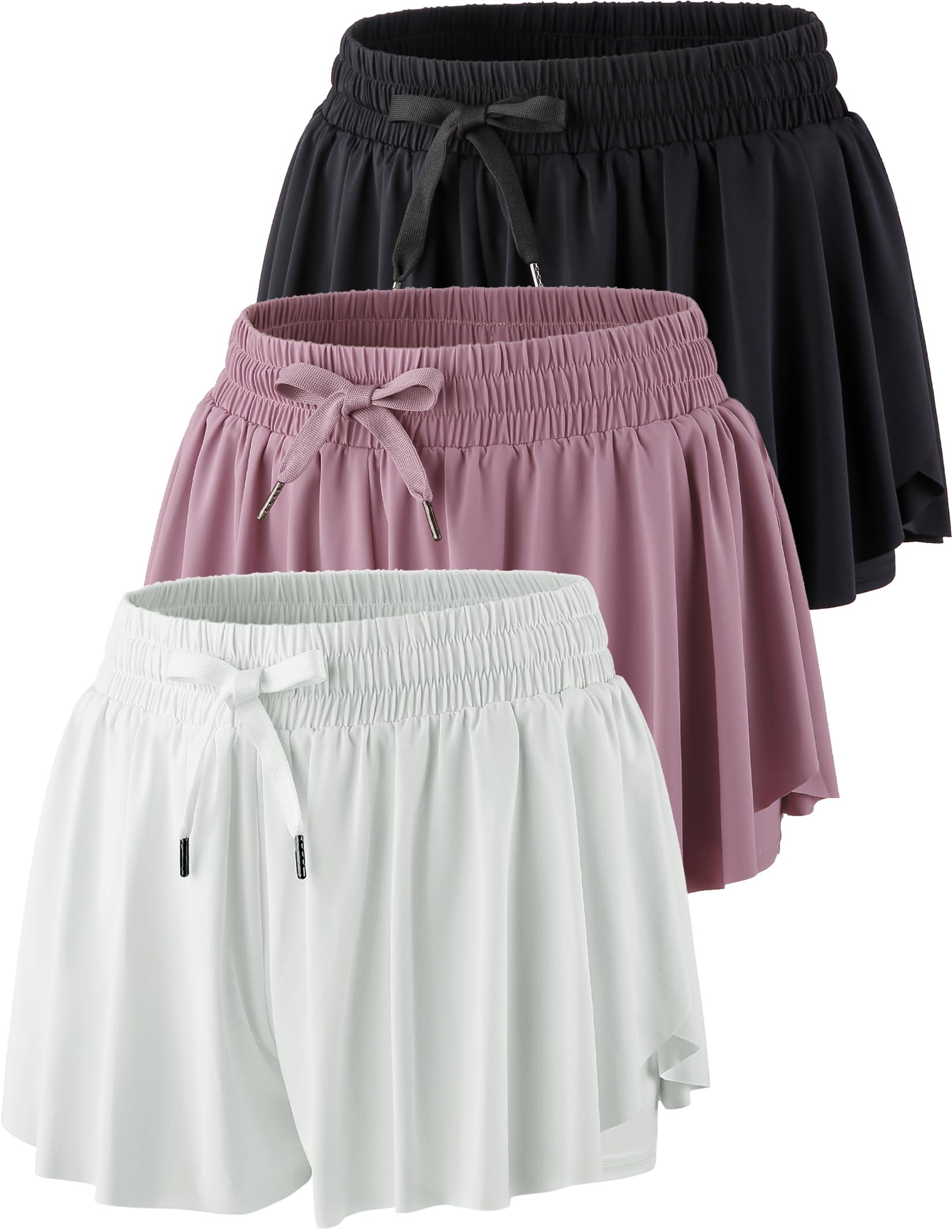 Photo 1 of 3 Pack Womens Flowy Running Shorts, 2-in-1 Butterfly Skirts with Shorts Underneath Spandex Athletic Casual Gym Workout Lounge (Set 6, Small)