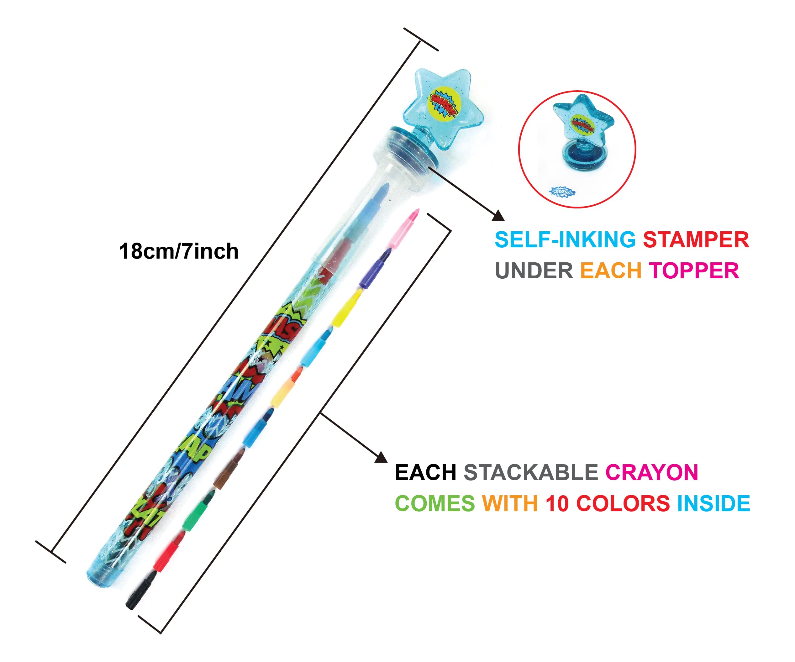 TINYMILLS 24 Pcs Superhero Rainbow Stackable Crayon with Stamper Topper