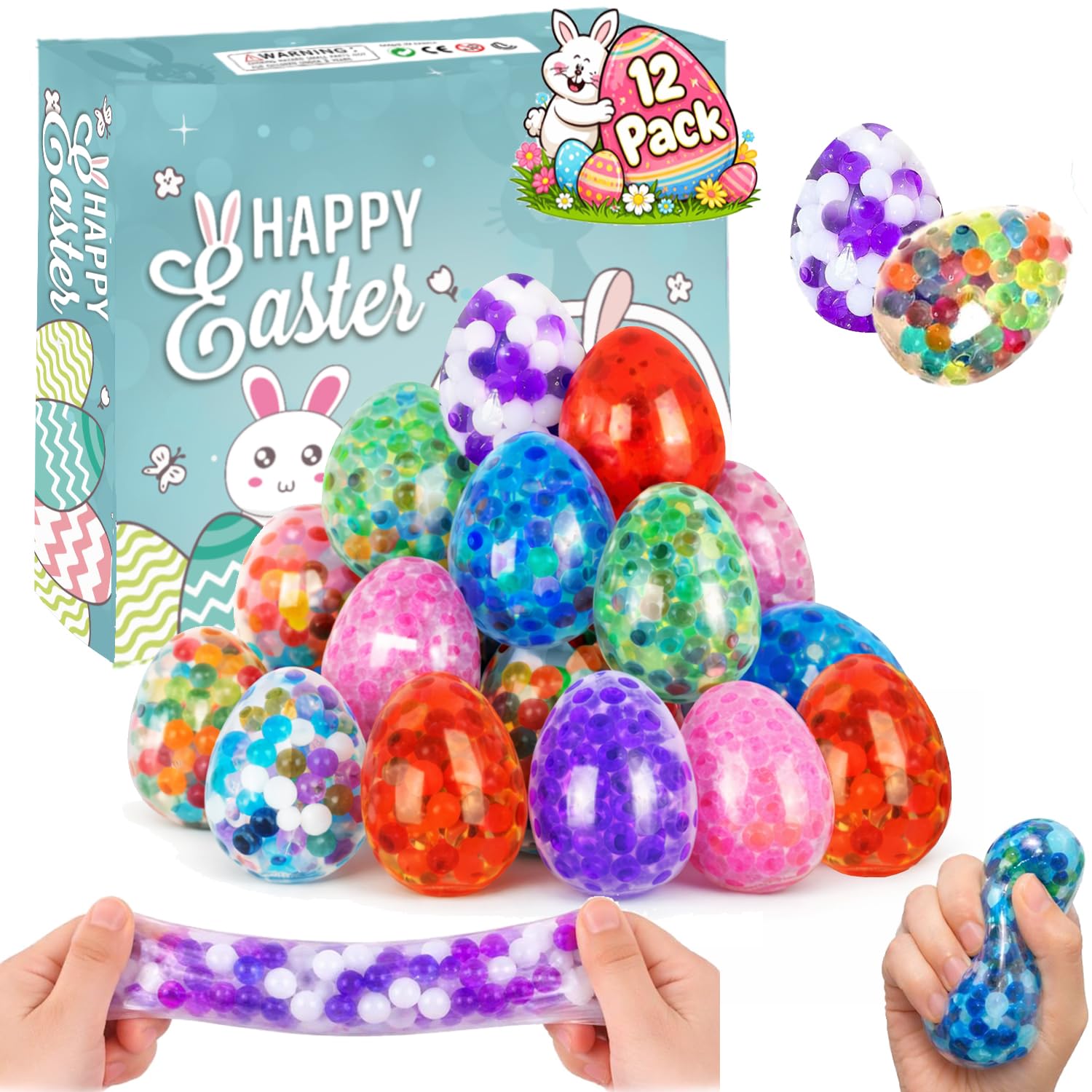 12Pcs Easter Egg Stress Balls, Easter Basket Stuffers Fillers Hunt, Squishy Squeeze Toy Bulk for Adults, Party Favors Goodie Bags Classroom Prizes