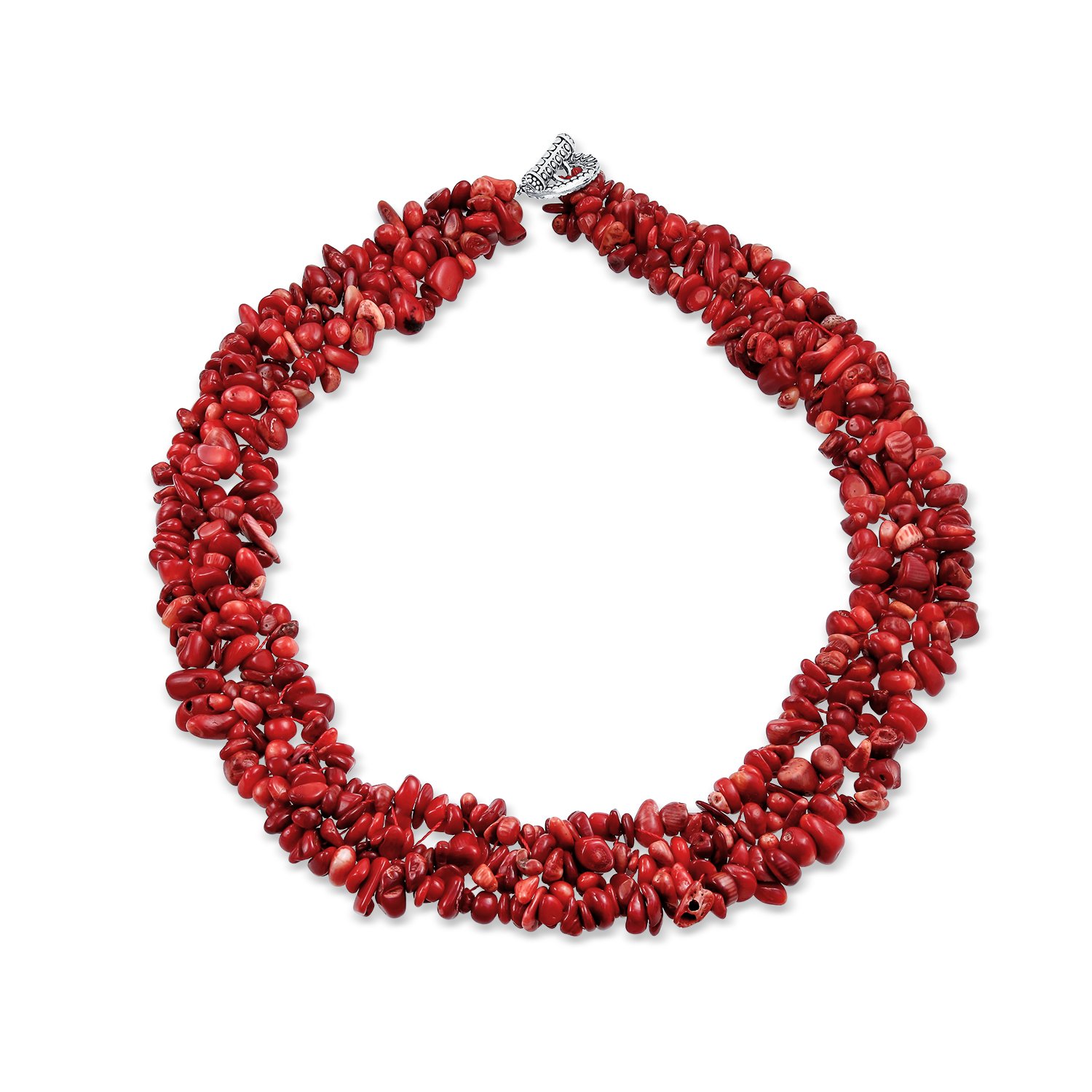 Bling Jewelry Dyed Red Coral Gemstone Chunky Cluster Bib Chips Multi Strand Statement Necklaces Silver Plated Clasp — image 1