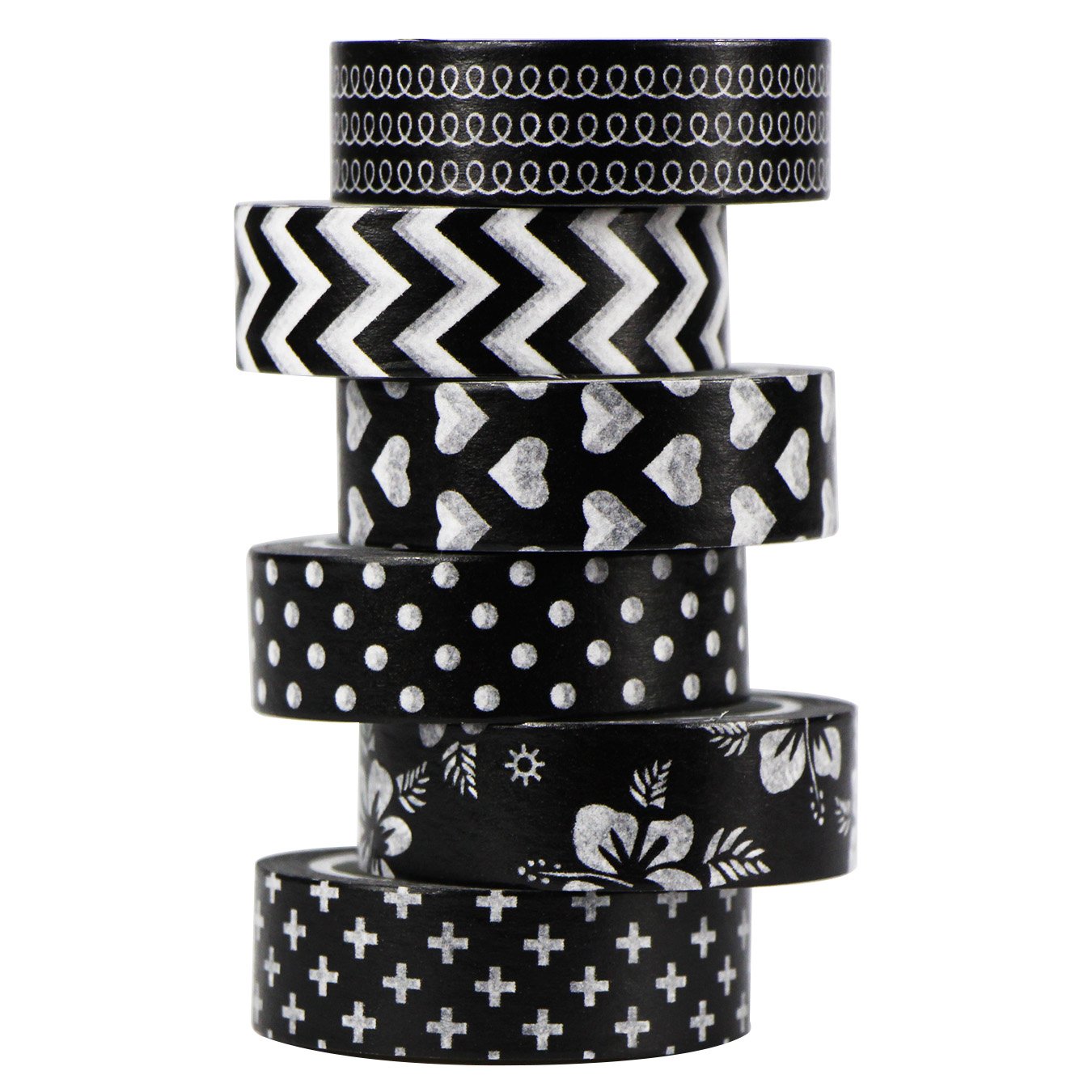 UOOOM 6pcs Washi Tape 10m x 15mm Decorative Masking Tape Black White Patterns Adhesive Tapes Scrapbooking DIY Craft Gift (Black)