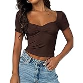 TiulZial Women's Short Sleeve Going Out Crop Top Sexy Pleated Cute Shirt Sweetheart Neck Y2K Ruched Cropped Tops