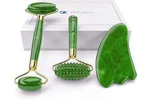 MOVALUES 4-in-1 Jade Roller and Gua Sha Set. Jade Face Roller with Eye Massager, Jade Gua Sha, Ridged Roller Massager. Jade Roller for Face Real Jade 100% Jade Stone Roller. Warm Facial Massager or Ice Roller