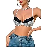 MakeMeChic Women's Floral Lace Underwire Bra Color Block Push Up Spaghetti Strap Lingerie Bras
