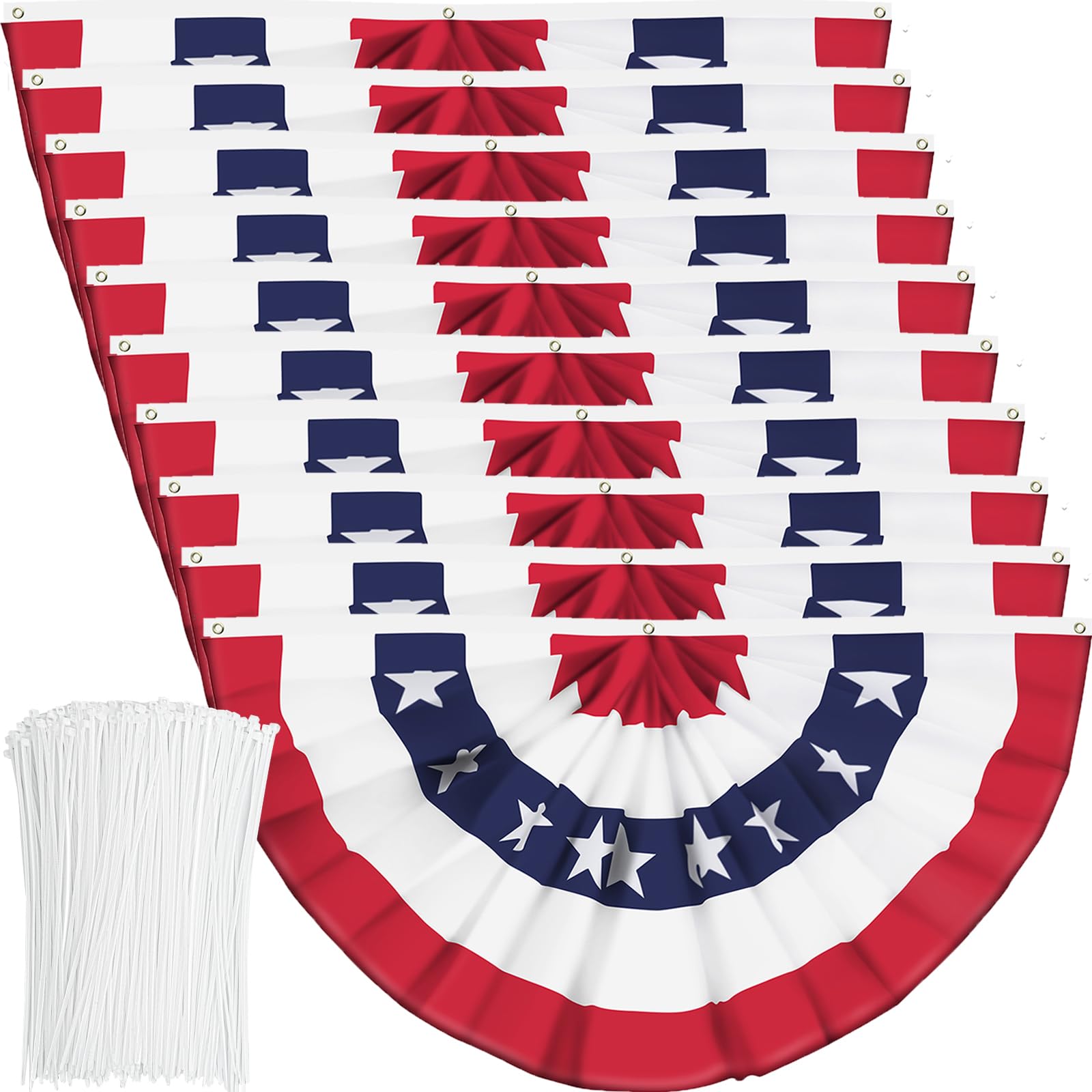 10 Pieces USA Pleated Fan Flag American US Bunting Flag Patriotic Half Fan Banner Flag with Canvas Header and Brass Grommets for 4th of July Memorial Day Indoor Outdoor Decoration (10, 1.5x3 Feet)