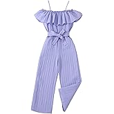 WDIRARA Girl's Ruffle Trim Cold Shoulder Short Sleeve Belted Wide Leg Jumpsuit Pants