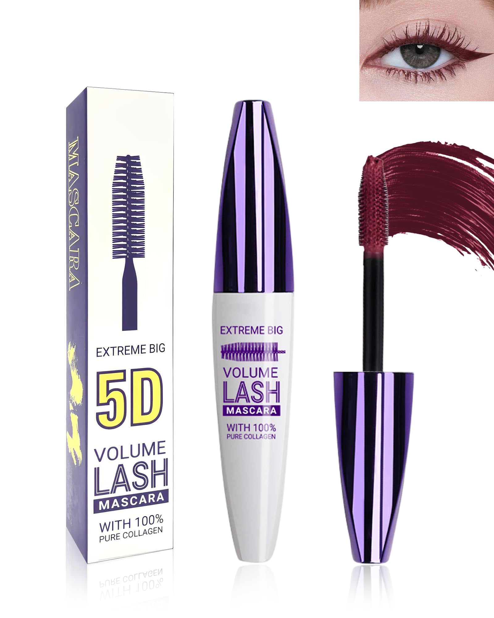 5D Waterproof Mascara Burgundy with Eyelash Brush, Long Lasting Smudge-proof Telescopic Mascara for Eyelashes, Volumizing Lengthening Curling Eye Lashes, Cosplay Halloween Stage Makeup