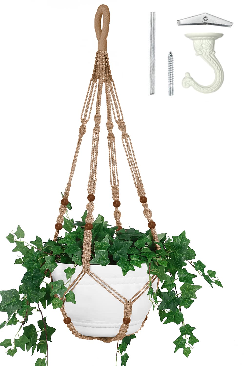 Photo 1 of Shineloha 43 Inches Macrame Planter Hanger Large for 12 inch Pot + Swag Hook (Extra Long & Big) | Large Hanging Planter for Indoor Plants | No Tassel, Cotton Rope, NO Pot/Plant Included (Brown)(XL)