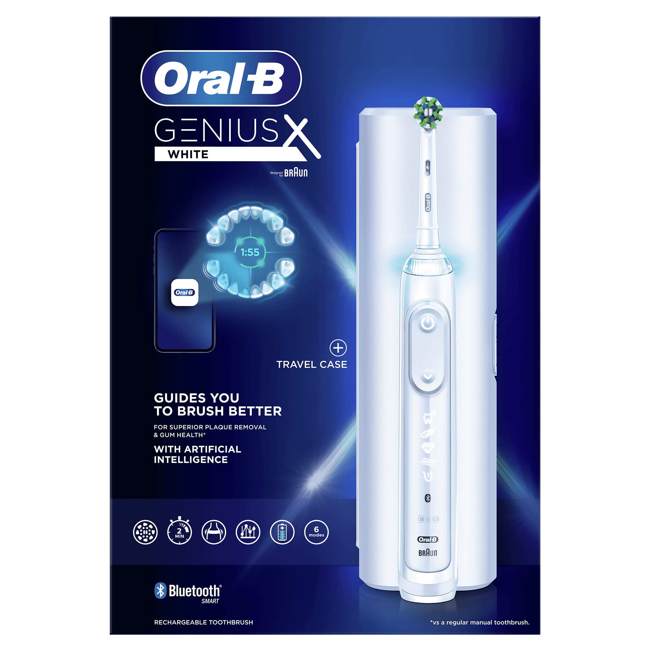 Oral-B Genius X Electric Toothbrush with Artificial Intelligence, App Connected Handle, 1 Toothbrush Head & Travel Case, 6 Mode Display with Teeth Whitening, 2 Pin UK Plug, White