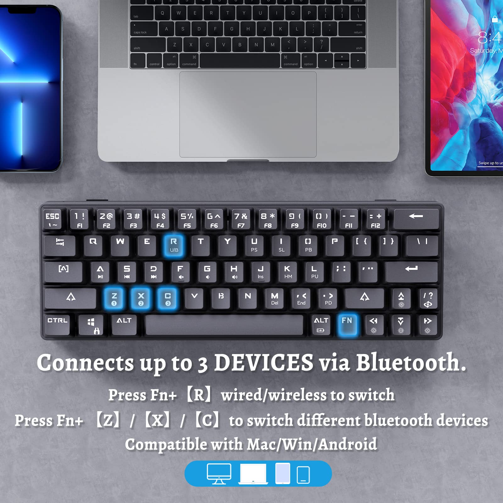 DIERYA T63 Wireless Mechanical Gaming Keyboard, Bluetooth/2.4G/Wired Keyboard,RGB Backlit Compact 63 Keys Mini Office Keyboard