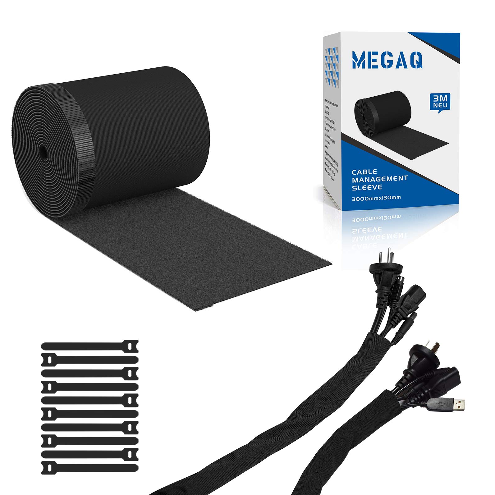 Cable Management Sleeves,MEGAQ Cable Tidy Cuttable Neoprene Cord Management Organizer System,3000mm*130mm,DIY by Yourself, Adjustable Reversible Wire Hider,with 10Pcs Cable Ties,Black