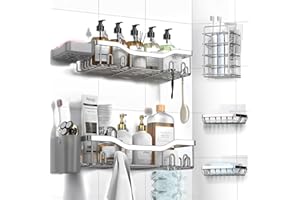 NESOMI Shower Caddy Adhesive Shower Organizer 7-Pack, Rustproof Stainless Steel Bathroom Shelves, Large Capacity No-Drill Rack Storage Accessories with Soap Dish Toothbrush Holder Hooks (Silver)