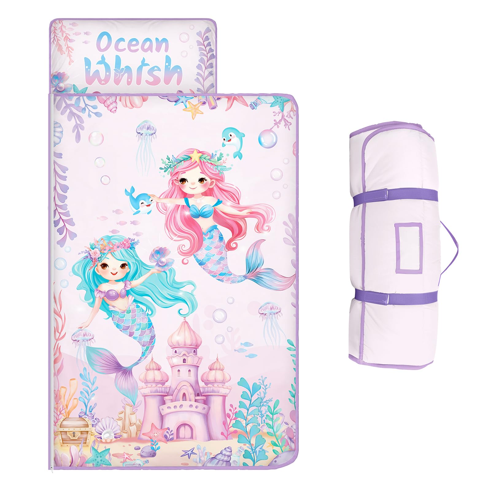 Kids Sleeping Bag,Nap Mat with Removable Pillow and Blanket,Warm Toddler Slumber Bag 150x60cm for Toddlers Boys Girls, Roll Up Kids Sleeping Mat for Bedroom Daycare Kindergarten,Mermaid