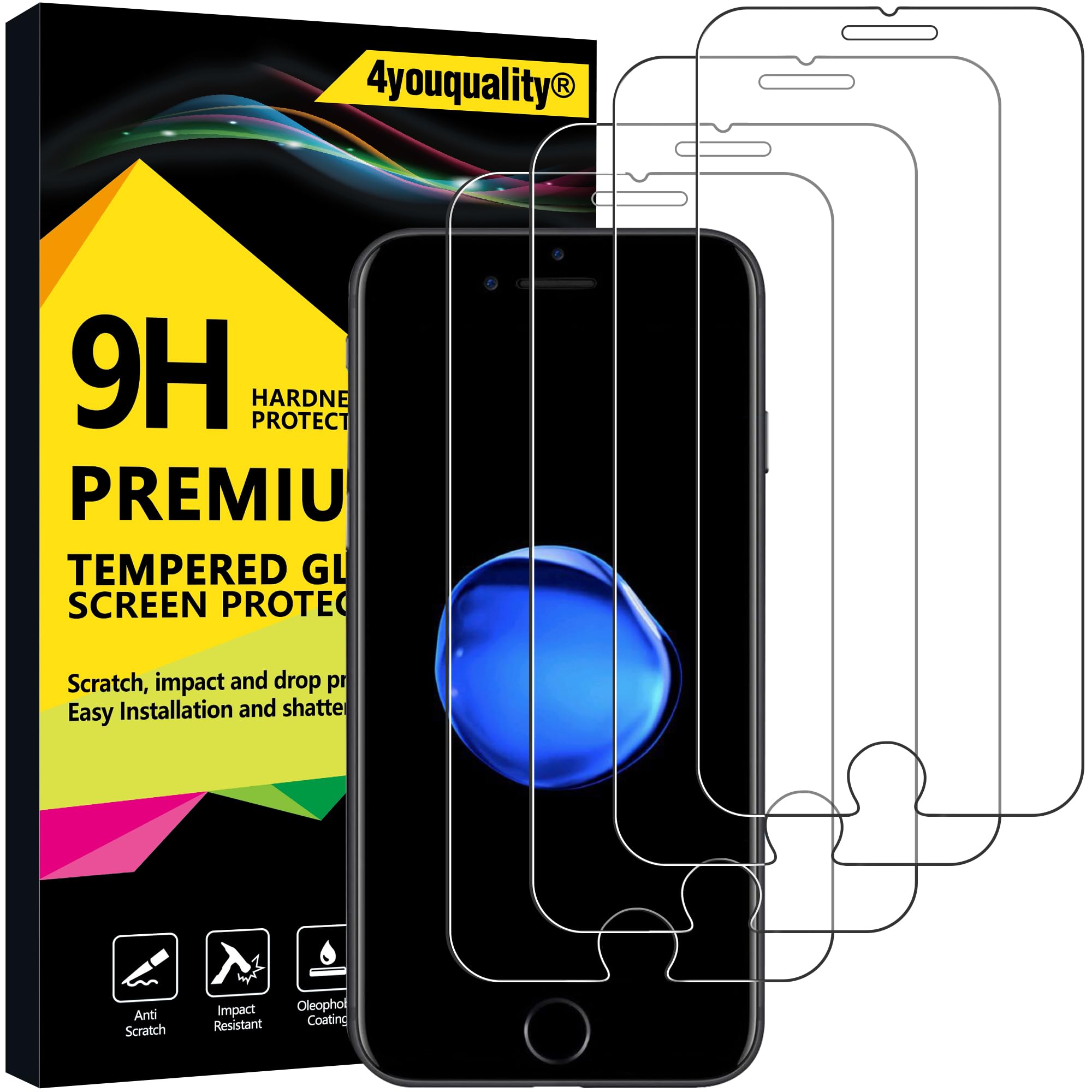 4youquality [4-Pack Screen Protector for iPhone 8/7/ 6S/ 6, Tempered Glass Film, [LifetimeSupport][Anti-Scratch][Anti-Shatter]