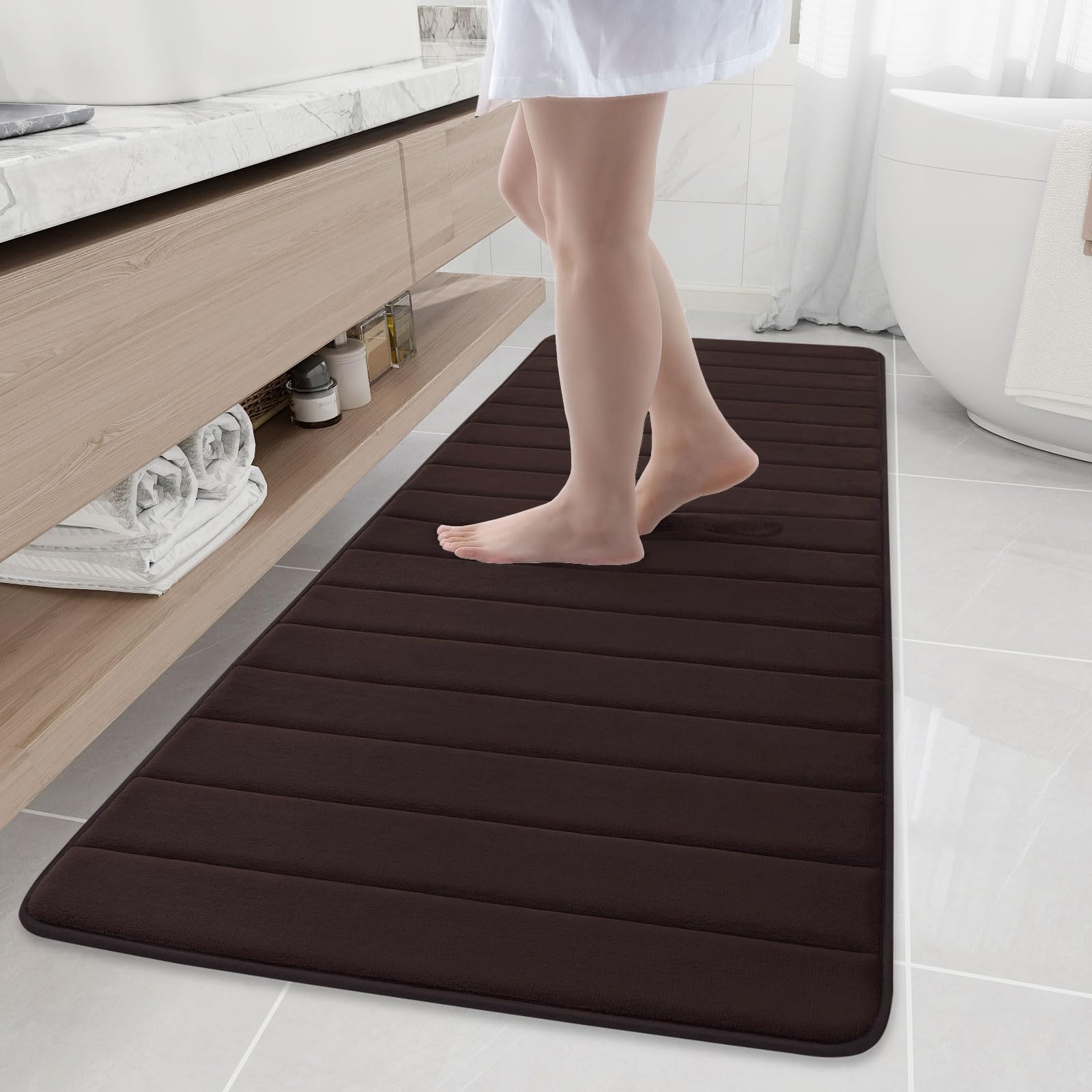 Photo 1 of Buganda Memory Foam Bath Mat, 70" x 24", Ultra Soft and Non-Slip Bathroom Rugs, Water Absorbent and Machine Washable Bath Rug Runner for Bathroom, Shower, and Tub, Brown