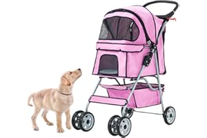 RUESLEAG Dog Stroller, Folding 4 Wheels Pet Stroller for Small Medium Dog Cat Travel Carrier with Weather Cover Storage Basket Cup Holders Pink