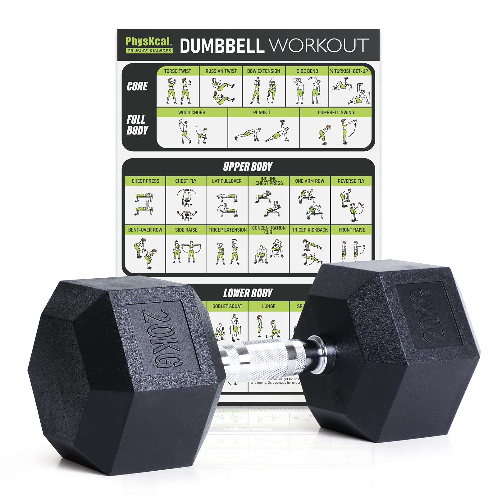PhysKcal Hex Dumbbells 20kg Single, Odourless Poly Rubber Encased Dumbbells Set 2.5KG 5KG 7.5KG 10KG 12.5KG 15KG 20KG Home Gym Weights Set