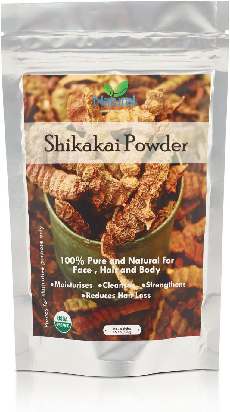 Naturel Anytime Shikakai Powder- 100gm - USDA ORGANIC certified, Halal, Kosher certified 1 for Hair and Body. Moisturises, Cleanses your skin and scalp. Chemical free, Reduces Hair Loss and Strengthens your hair. Two recipe suggestions provided with the product. FREE delivery.