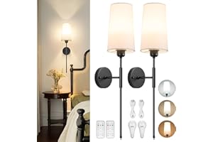 NOOKNOVA Battery Operated Wall Sconce Set of 2, Rechargeable Wall Sconce With Remote Dimmable Wireless Battery Powered Wall Lamp Decor Fixture For Bedroom Living Room White Fabric Shade Included Bulbs