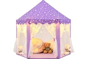 KIXINWA Purple Princess Tent for Girls, Kids Play Tent with LED Small Star Lights, Castle Playhouse Tent for Children Toddlers Indoor Outdoor Games, 55×53 Inches