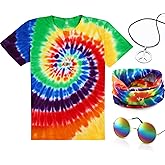 4 Pieces Hippie Costume Set, Include Colorful Tie-Dye T-Shirt, Peace Sign Necklace, Headband and Sunglasses for Theme Parties