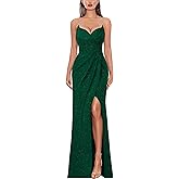 VFSHOW Womens Sexy Formal Ruched Fitted High Slit Bodycon Maxi Dress Spaghetti Strap Sweetheart Cocktail Prom Evening Gown