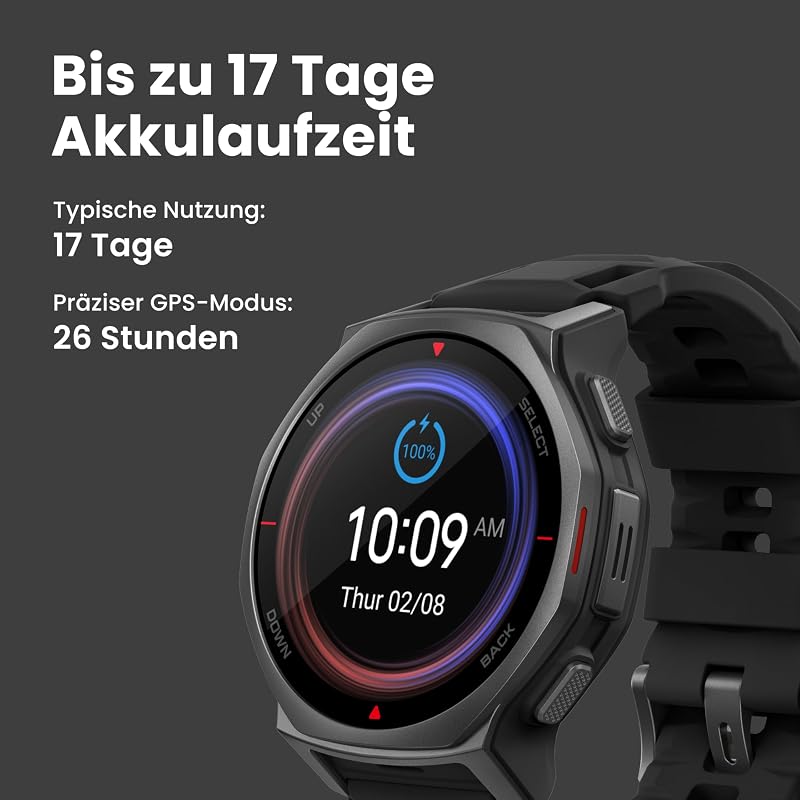 T-Rex 3 Pro Outdoor Smartwatch 44 mm Saphir-AMOLED, Taschenlampe, Titanlünette, Dual-Band GPS, Offline-Karten, bis zu 17 Tage Akku, 10 ATM, 180+ Sportmodi, Android & iPhone, Schwarz