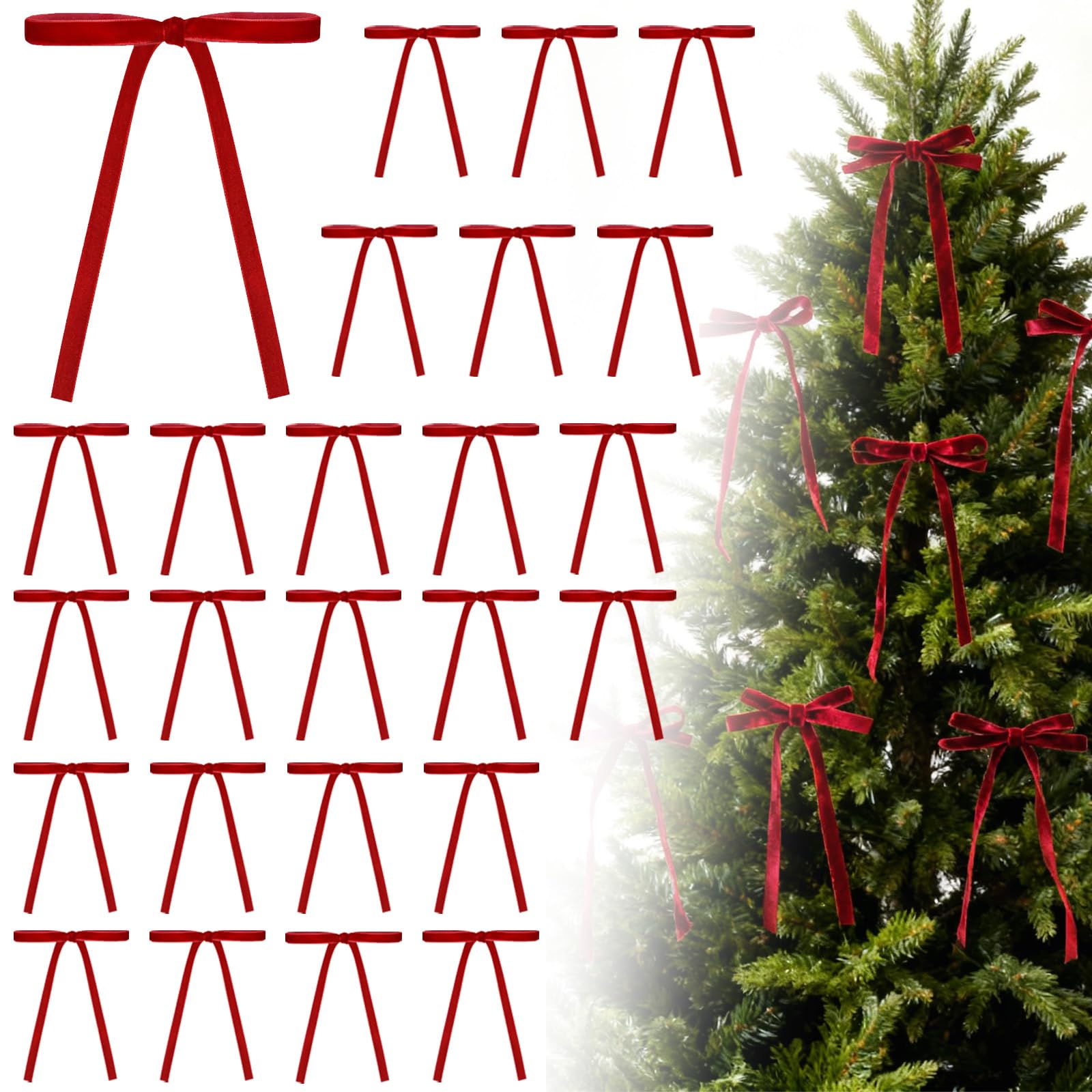 Photo 1 of 24 Pack Red Velvet Ribbon Bows for Christmas Tree | Vintage Rustic Velvet Christmas Ornaments for Door Room Wreath Decor & Gift Wrapping