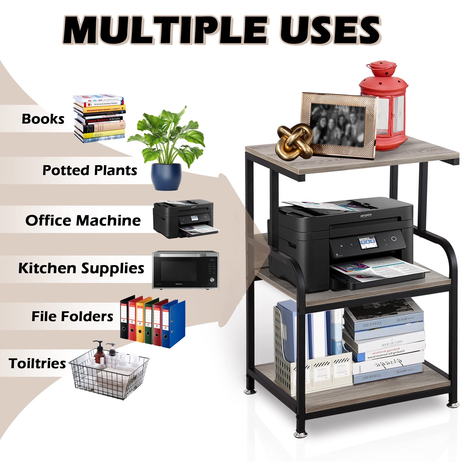 3-Tier Mobile Printer Stand on Wheels with Storage Shelves Industrial Style Machine Cart Organizer Table for Office and Home Slate Grey Wood and Black Metal Finished