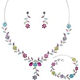 Enrwin Flower Leaf Crystal Pendant Necklace Dangle Earrings Link Bracelet Bride Bridesmaid Jewelry Sets for Women Wedding Party