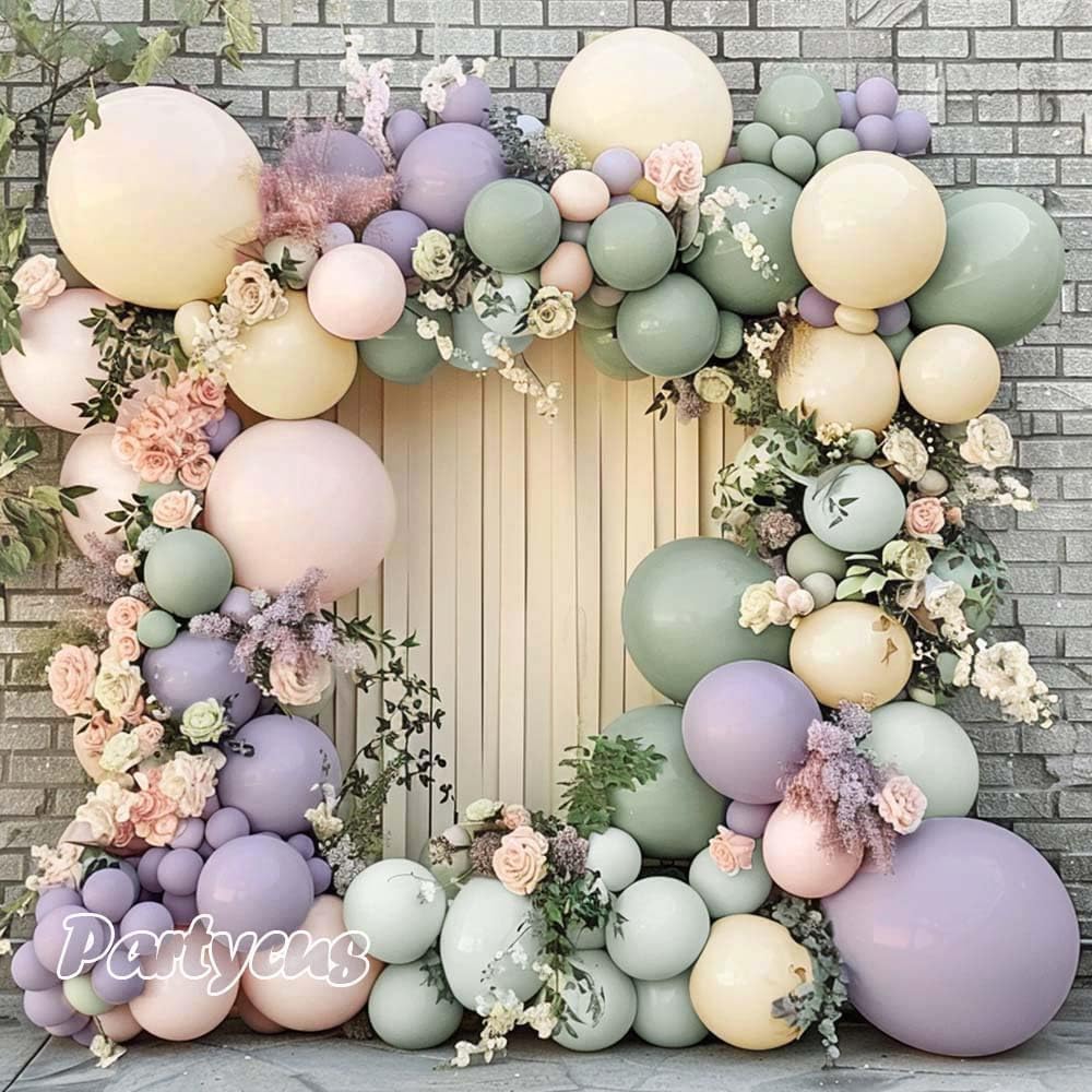 Dusty Green Purple Pink Balloon Arch, Double Stuffed Lavender Light Sage Green Ivory Blush Pastel Balloon Garland Kit for Baby Shower Birthday Wedding Bridal Wild-Flower Easter Party Decoration
