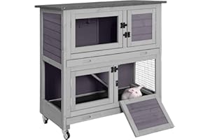 Joyqinchen Rabbit Hutch Indoor, 36'' Bunny Hutch Outdoor, Mobile Rabbit Cage with Wheels, 2-Story Bunny Cage with 2 Pull Out Trays, Wooden Guinea Pig Cage (Grey)