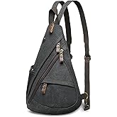 SUIKIHUM Vintage Canvas Sling Bag with Genuine Leather Zipper, 3 in 1 Crossbody, Backpack, and Chest Bag, for Travel, Hiking, 16x10x6 Inches, Black