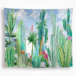 Cactus Floral Tapestry Wall Hanging Tropical Watercolor Green Cacti Desert Plant Flowers with Blue Sky Birds Summer Wall Art Blanket Decor for Dorm Bedroom Livingroom 51”x59”