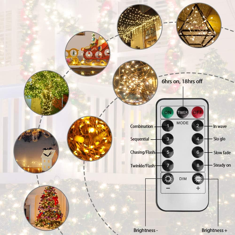 66 Ft 200 LED Fairy Light - Cooper Wire String Light USB Powered with 8 Modes Remote Control for Indoor&Outdoor, for Bedroom Ceiling Wall Tapestry Halloween Christmas Decor (Warm White Colored) : Garden & Outdoor