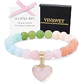 Vinswet Healing Crystal Bracelet, Natural Spiritual Gemstone Bead Bracelet 8MM Purple Amethyst Heart Charm Stretch Bracelet Relief Depression Anxiety Stress Inspirational Jewelry Gifts with Wish Card for Women