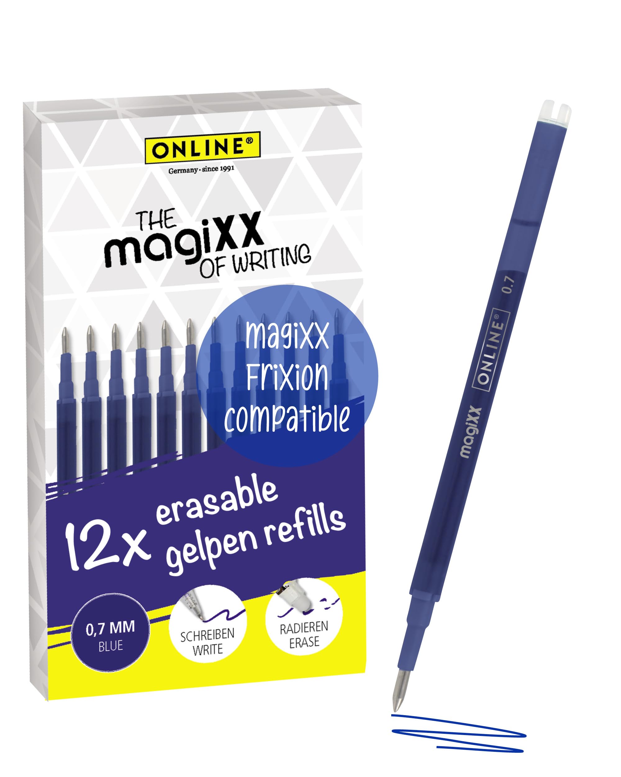 Online 12 x Erasable Refills I Compatible with Pilot Frixion, magiXX I Blue 0.7 mm Line Width I Replacement for Gel Pen and for Gel Rollerball Pen with erasable ink