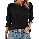 Womens 3/4 Sleeve Tops Loose Fit Round Neck Shirts Casual Solid Color Blouses