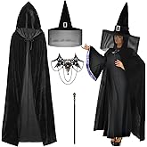 Croknit 5 Pcs Halloween Witch Cosplay Costume for Women Wizard Cloak with Hat Nose Witch Hat Necklace Wand for Halloween Party Supplies