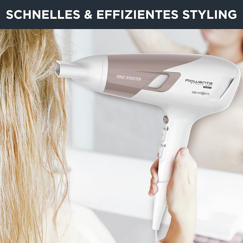 Studio Dry Glow Haartrockner, 2100 Watt, Föhn mit Diffusor für Locken, 3 Temperatur- und 2 Geschwindigkeitsstufen, Ionenfunktion, Kaltlufttaste, weiß/roségold, CV5830